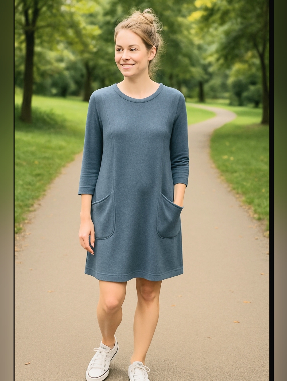 J.‎ Jill Women's Steel Blue Cozy Pull-on Crewneck 3/4 Sleeve Jersey Shift Dress